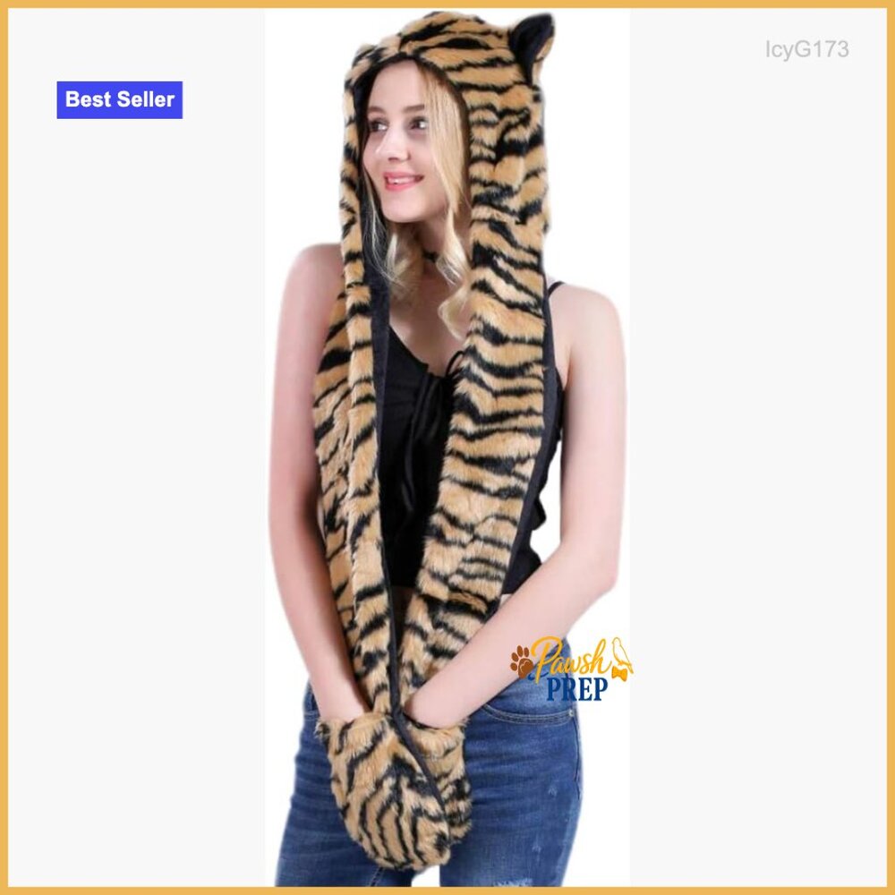 Faux Fur Hoodie with Scarf and Mittens, Unisex One Size, Winter Costume